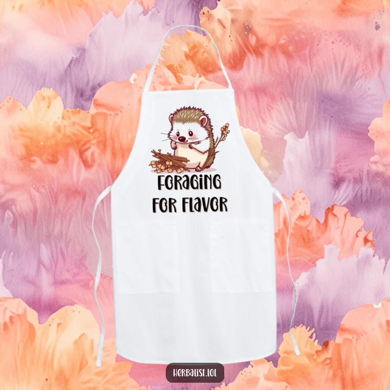 Funny hedgehog herbalist apron, determined, arranging dried plants, protective and humorous kitchen wear, amazing funny gift.