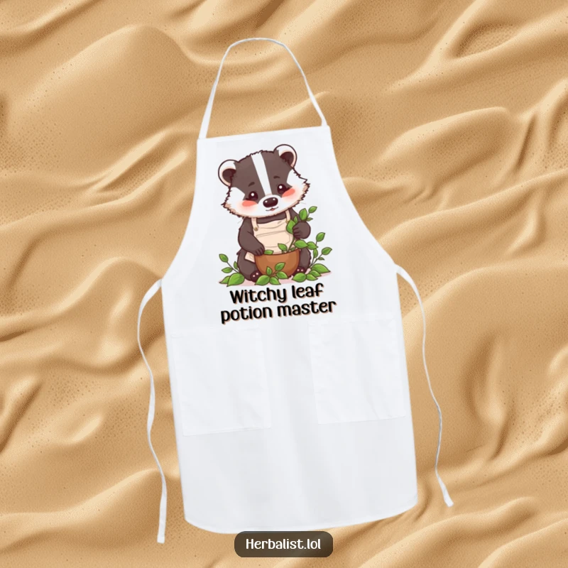 Funny badger chef apron, wearing tiny apron, crushing delicate leaves, protective and humorous kitchen wear, amazing funny gift.