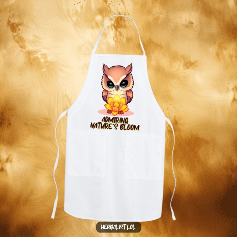 Funny curious owl apron, examining a vibrant glowing flower, protective and humorous kitchen wear, amazing funny gift.