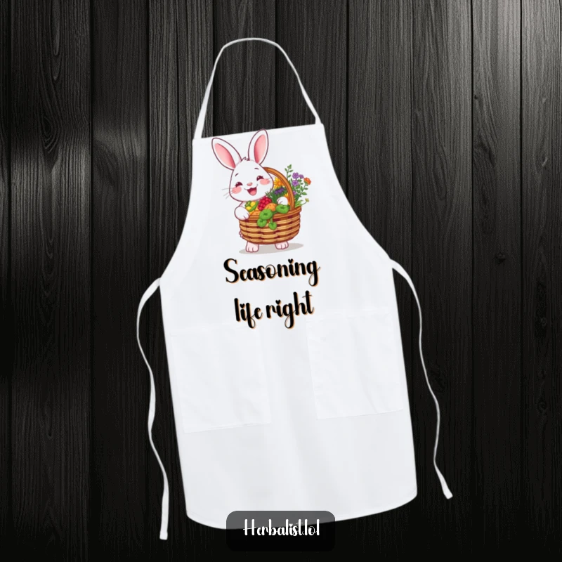 Funny apron with a cheerful rabbit holding a basket overflowing with colorful herbs, smiling brightly, ideal for a cook who loves fresh ingredients.