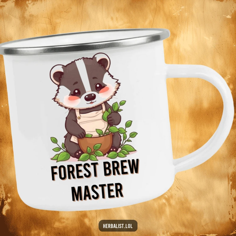 Funny badger chef camping mug, wearing apron, crushing leaves, durable and humorous outdoor gear, great funny gift.
