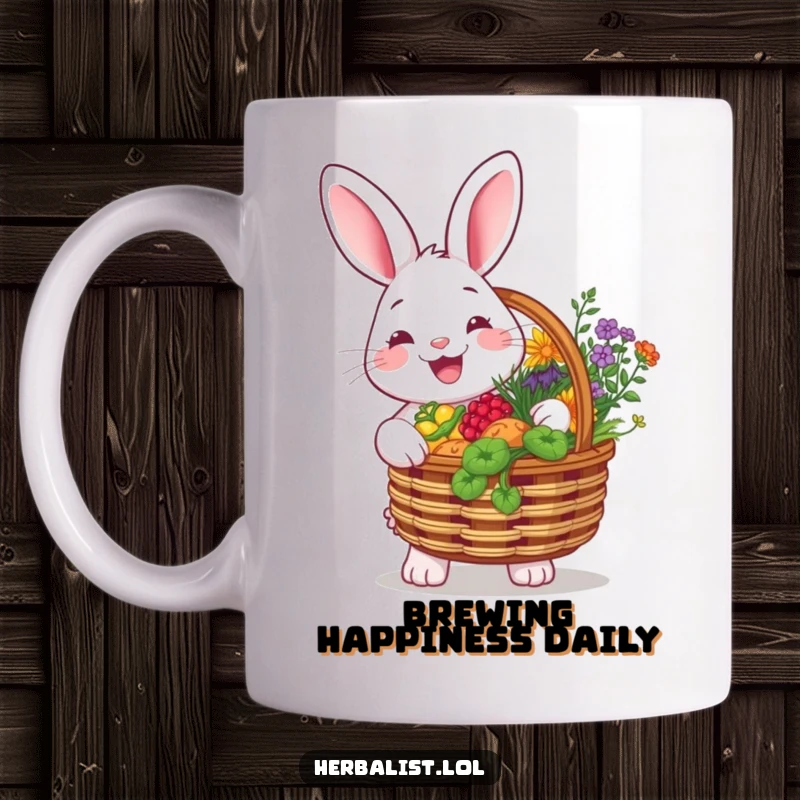 Funny mug with a cheerful rabbit holding a basket overflowing with colorful herbs, smiling brightly, embodying gardening joy and freshness.