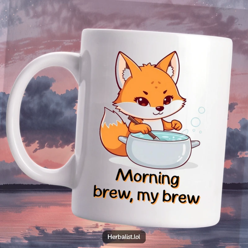 Funny fox potion maker mug, determined expression, stirring a bubbling pot, whimsical and humorous kitchenware, fantastic funny gift.