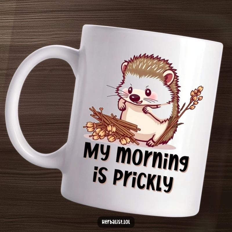 Funny hedgehog herbalist mug, determined, arranging dried plants, charming and humorous kitchenware, fantastic funny gift.