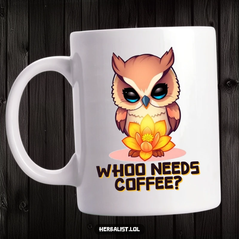 Funny curious owl mug, examining a vibrant glowing flower, wise and whimsical, perfect for nature lovers, great funny gift.