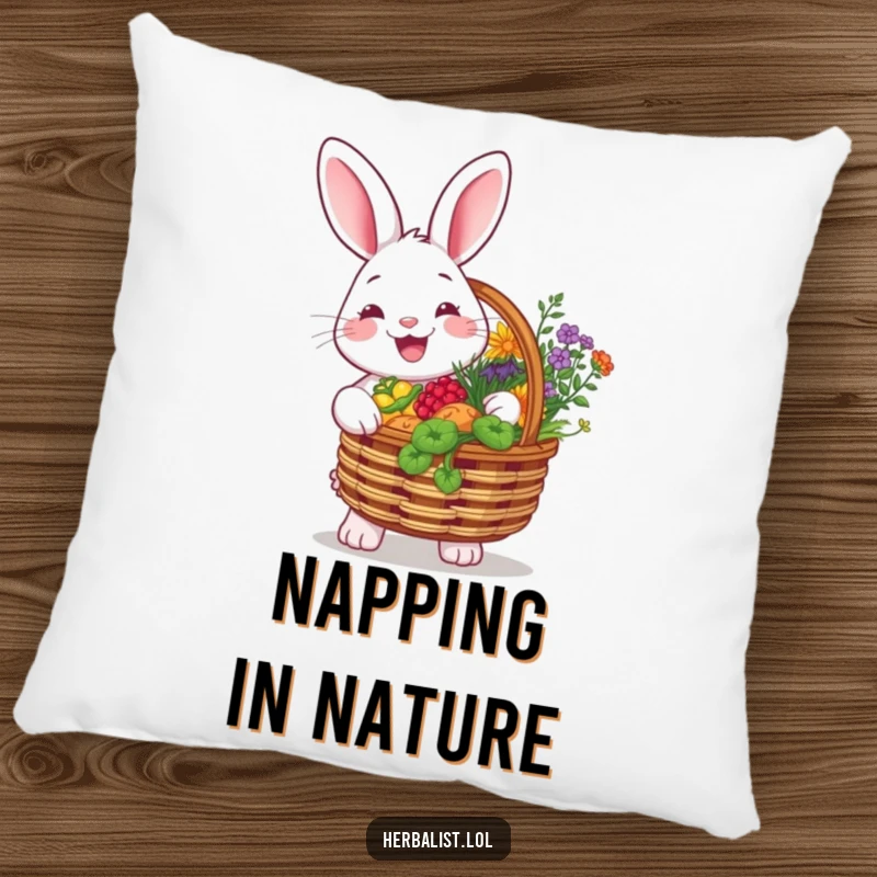 Funny pillow showing a cheerful rabbit with a basket overflowing with colorful herbs, smiling brightly, providing comfort and natural, happy charm.
