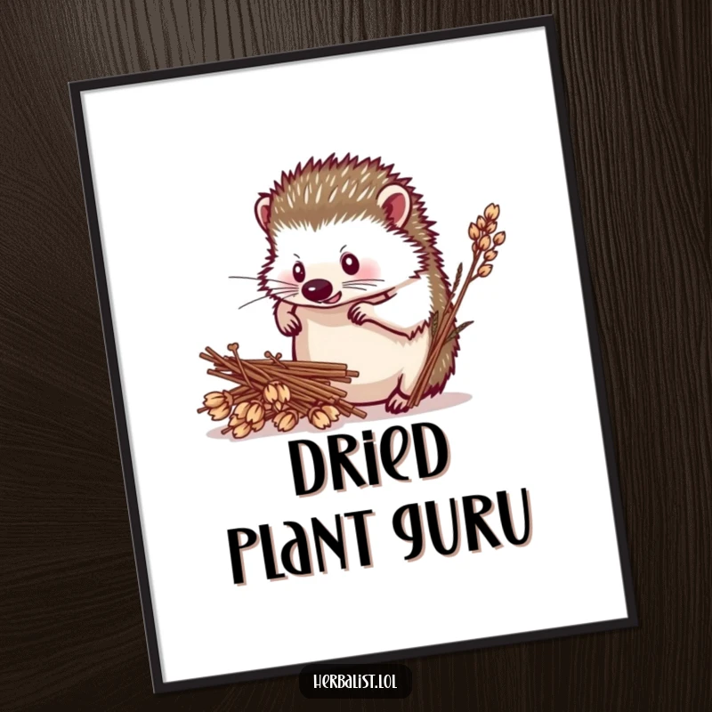 Funny hedgehog herbalist digital art print, determined, arranging dried plants, charming and humorous wall art, perfect funny gift.