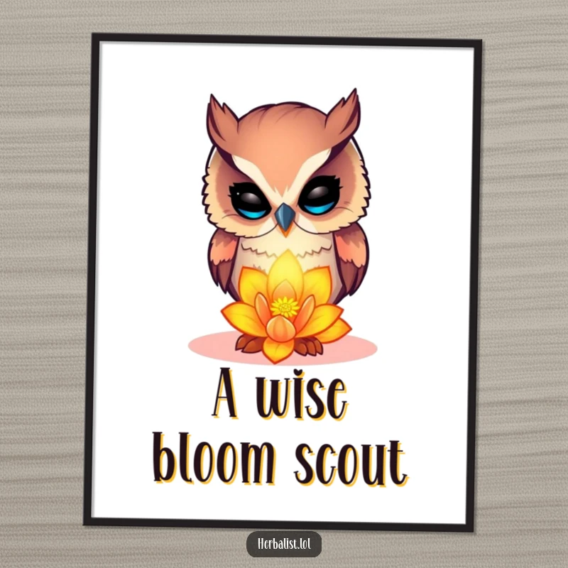 Funny curious owl digital art print, examining a glowing flower, whimsical and humorous wall art, perfect funny gift.
