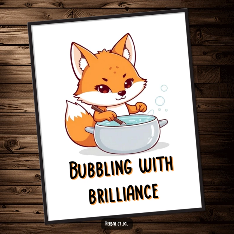 Funny fox potion maker digital art print, determined, stirring bubbling brew, whimsical and humorous wall art, perfect funny gift.