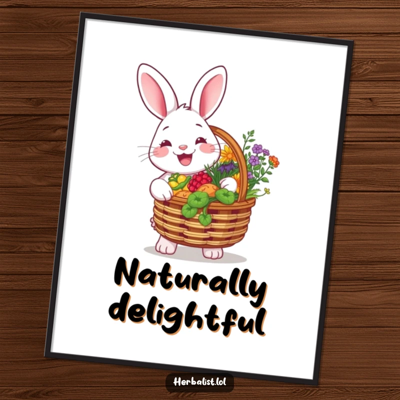 Funny digital art print of a cheerful rabbit holding a basket overflowing with colorful herbs, smiling brightly, bringing garden joy to digital spaces.