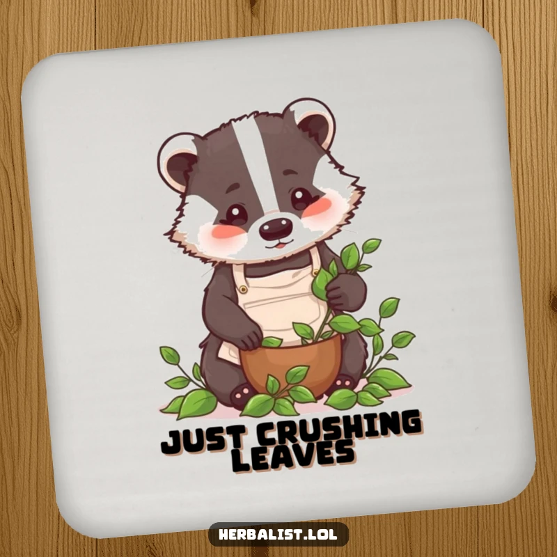 Funny badger chef coasters, tiny apron, crushing leaves, protecting surfaces with humor, ideal funny gift.