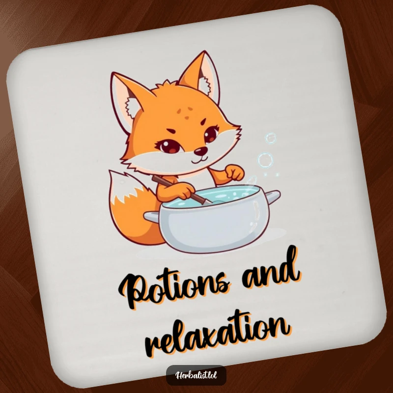 Funny fox potion maker coasters, determined, stirring bubbling liquid, protecting tables with magic and humor, ideal funny gift.