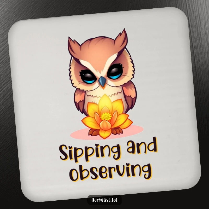 Funny curious owl coasters, examining a glowing flower, protecting tables with nature and humor, ideal funny gift.