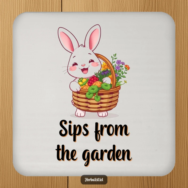 Funny coaster featuring a cheerful rabbit holding a basket overflowing with colorful herbs, smiling brightly, offering surface protection with garden humor.