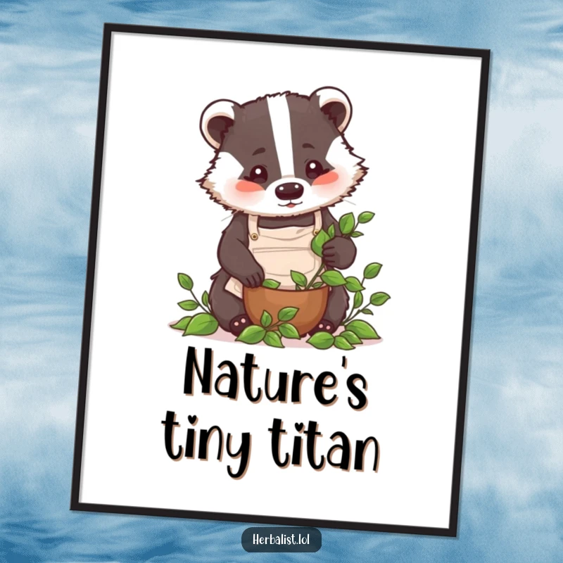 Funny badger chef poster, focused on crushing leaves, wearing apron, humorous kitchen decor, ideal funny gift.