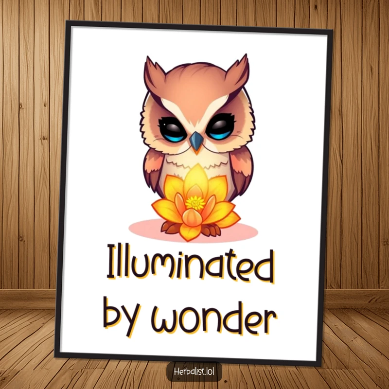 Funny curious owl poster, examining a glowing flower, wise and whimsical wall decor, ideal funny gift.