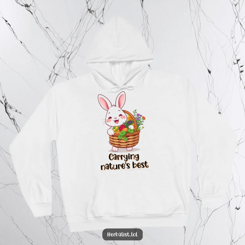 Funny hoodie showing a cheerful rabbit with a basket overflowing with colorful herbs, smiling brightly, exuding nature-loving charm and comfort.