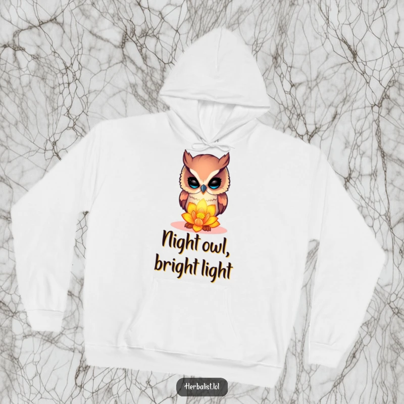Funny curious owl hoodie, examining a glowing flower, warm and humorous attire, perfect for thinkers, amazing funny gift.