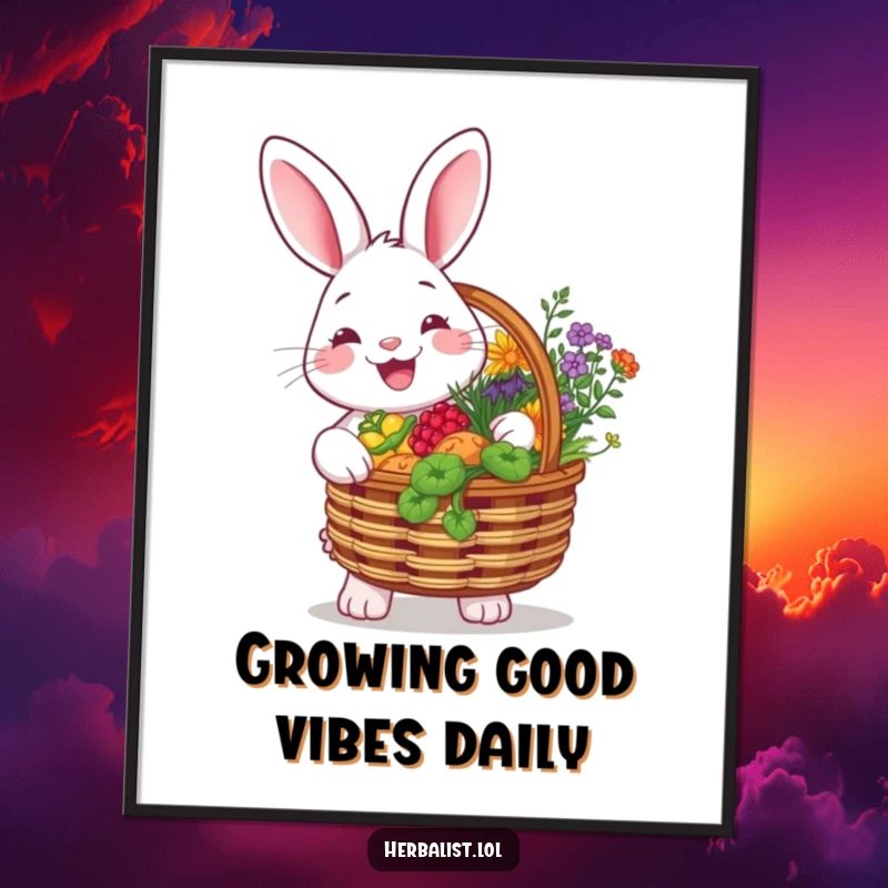 Funny free printable wall art of a cheerful rabbit holding a basket overflowing with colorful, aromatic herbs.