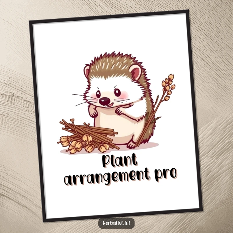 Funny Free Printable Wall Art: Determined hedgehog arranging dried plants, bringing natural charm, downloadable art.