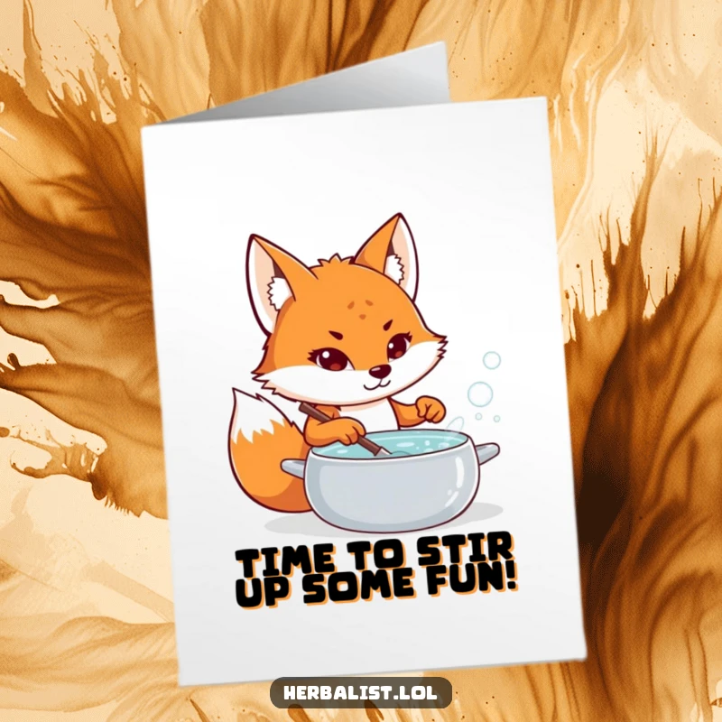 Funny Free Printable Birthday Card: Playful fox stirring bubbling potion, celebrating with a magical, humorous twist.