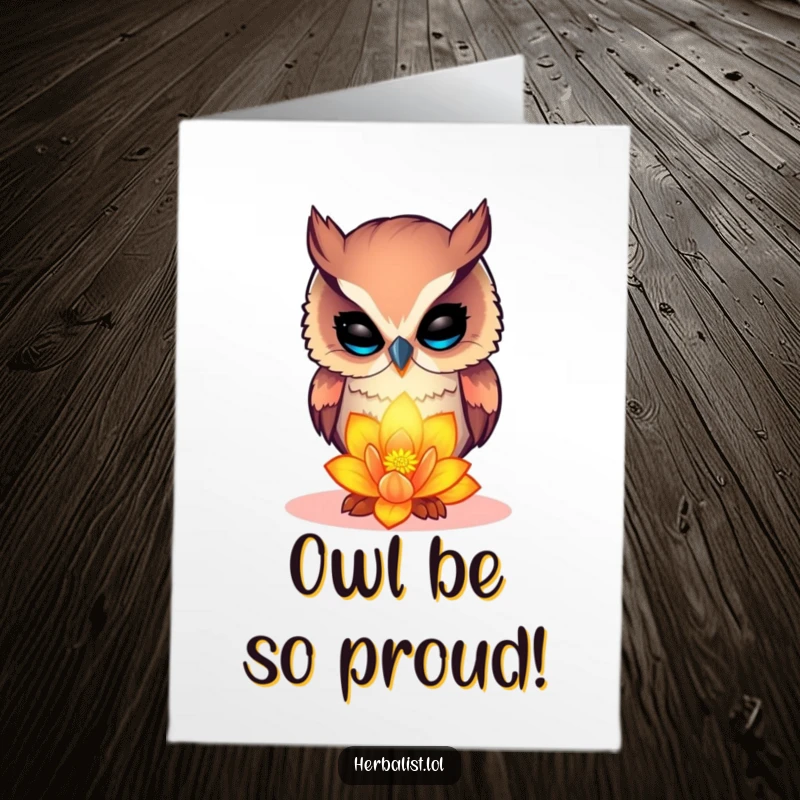 Funny Free Printable Congrats Card: Curious owl examining glowing flower, celebrating success with natural beauty.