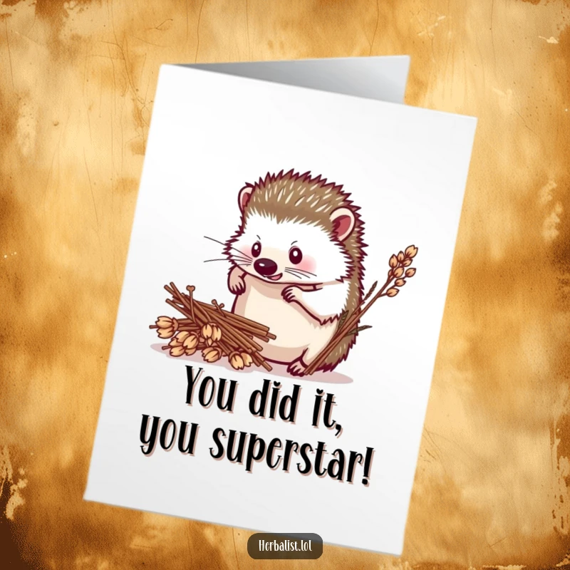 Funny Free Printable Congrats Card: Determined hedgehog arranging dried plants, celebrating success with nature’s bounty.