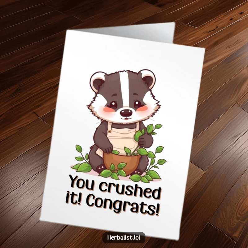 Funny Free Printable Congrats Card: Badger chef apron crushing leaves, celebrating success with a side of humor.