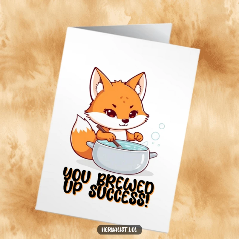 Funny Free Printable Congrats Card: Playful fox stirring bubbling potion, a magical way to say congratulations.