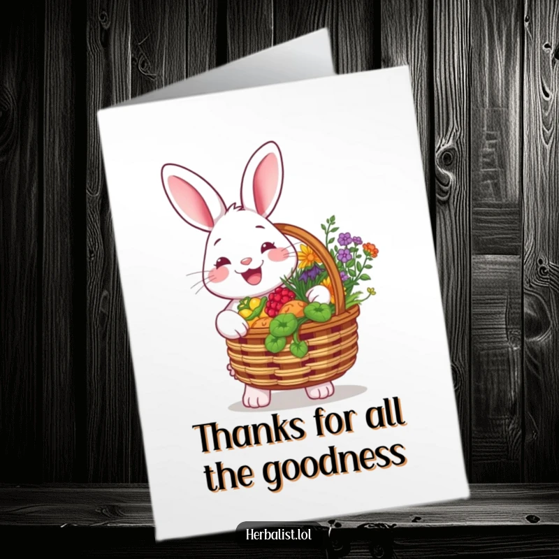 Funny free printable thank you card with a smiling rabbit holding a basket overflowing with fresh, colorful herbs.