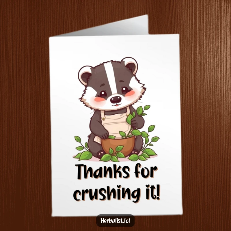 Funny Free Printable Thank You Card: Badger chef crushing leaves, a humorous way to say thanks, downloadable art.