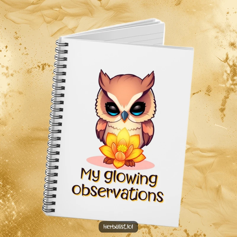 Funny curious owl notebook, examining a glowing flower, organized and humorous for notes, excellent funny gift.