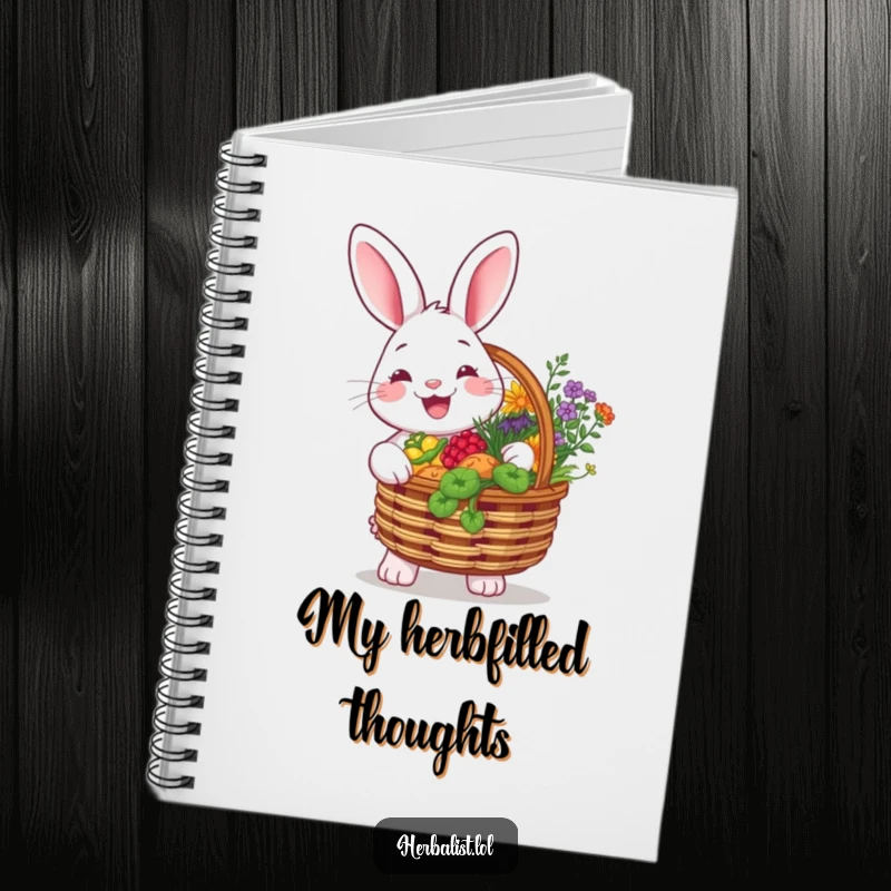 Funny notebook with a cheerful rabbit holding a basket overflowing with colorful herbs, smiling brightly, ideal for jotting down garden plans and recipes.