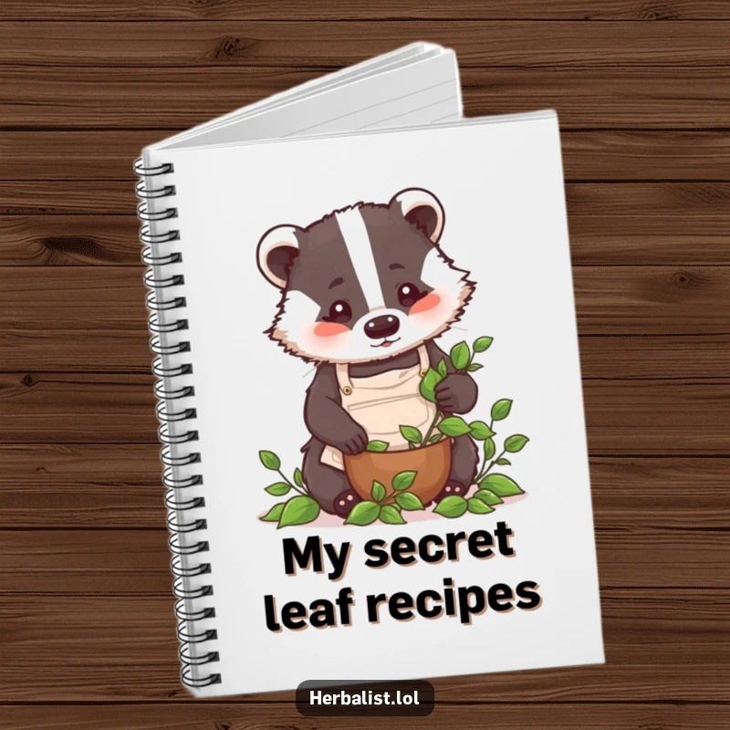 Funny badger chef notebook, focused on crushing leaves, wearing apron, perfect for recipes and notes, excellent funny gift.