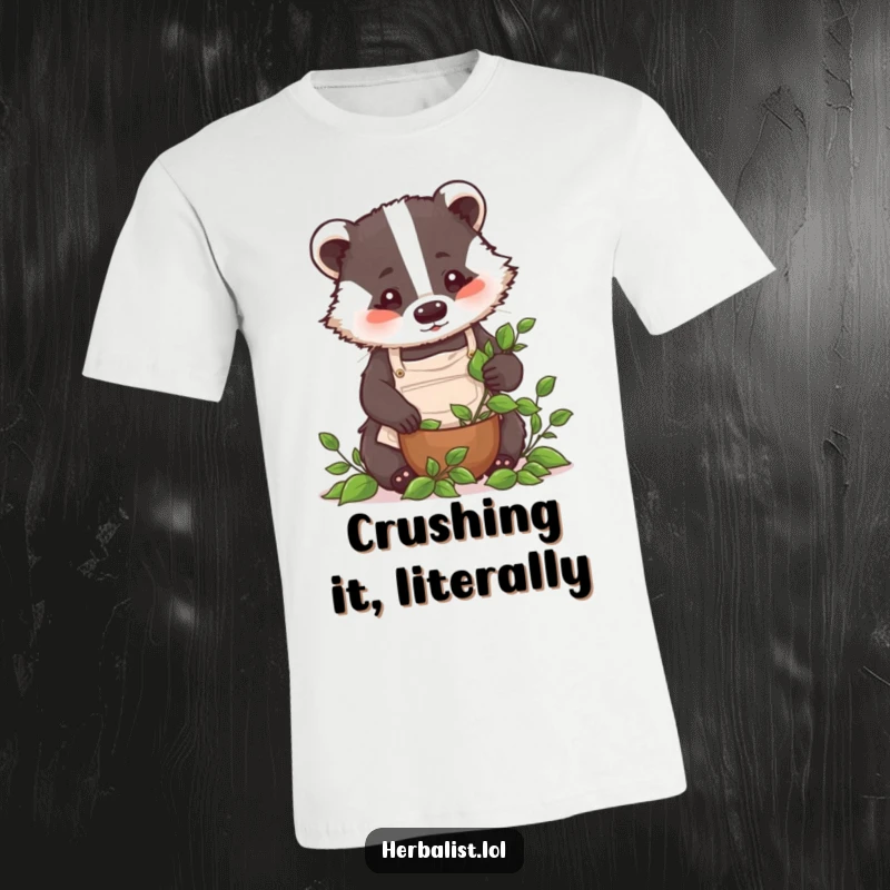 Funny badger chef t-shirt, focused, wearing apron, crushing leaves, hilarious apparel for food lovers, excellent funny gift.