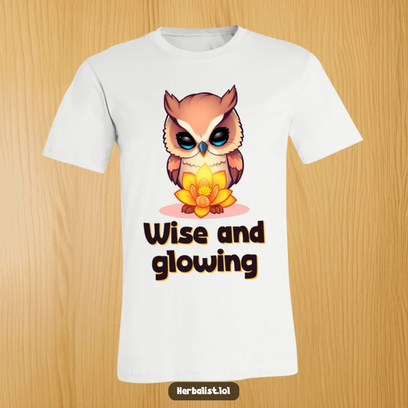 Funny curious owl t-shirt, examining a glowing flower, wise and humorous apparel, perfect for nature lovers, excellent funny gift.