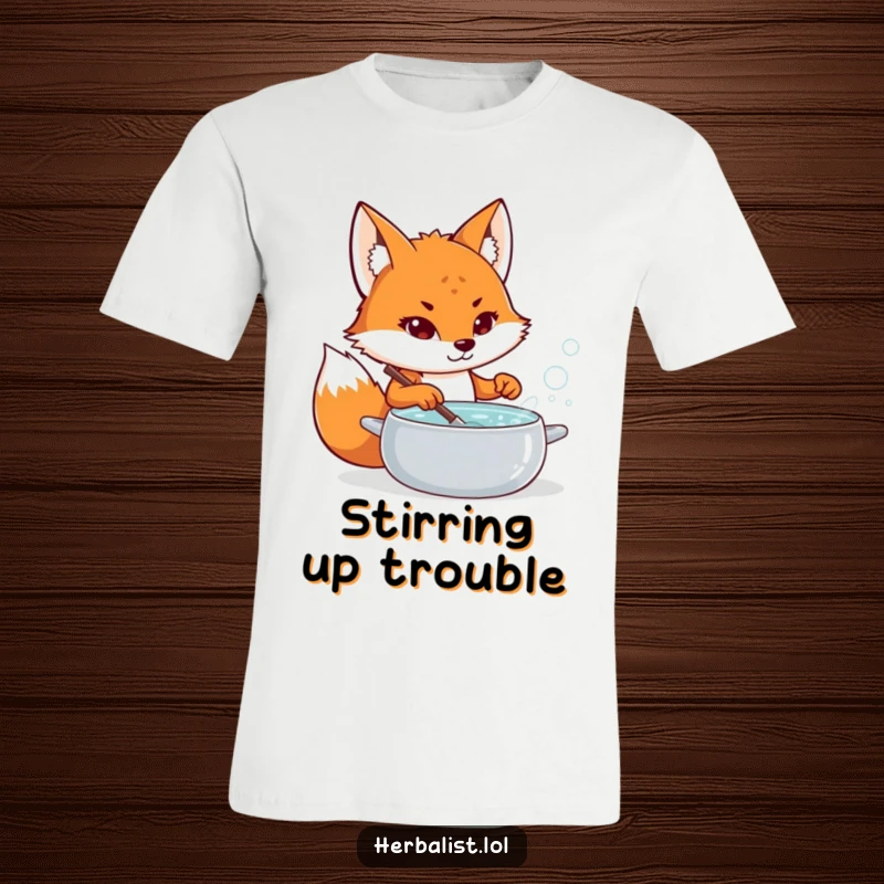 Funny fox potion master t-shirt, determined, stirring bubbling liquid, magical and humorous apparel, perfect funny gift.