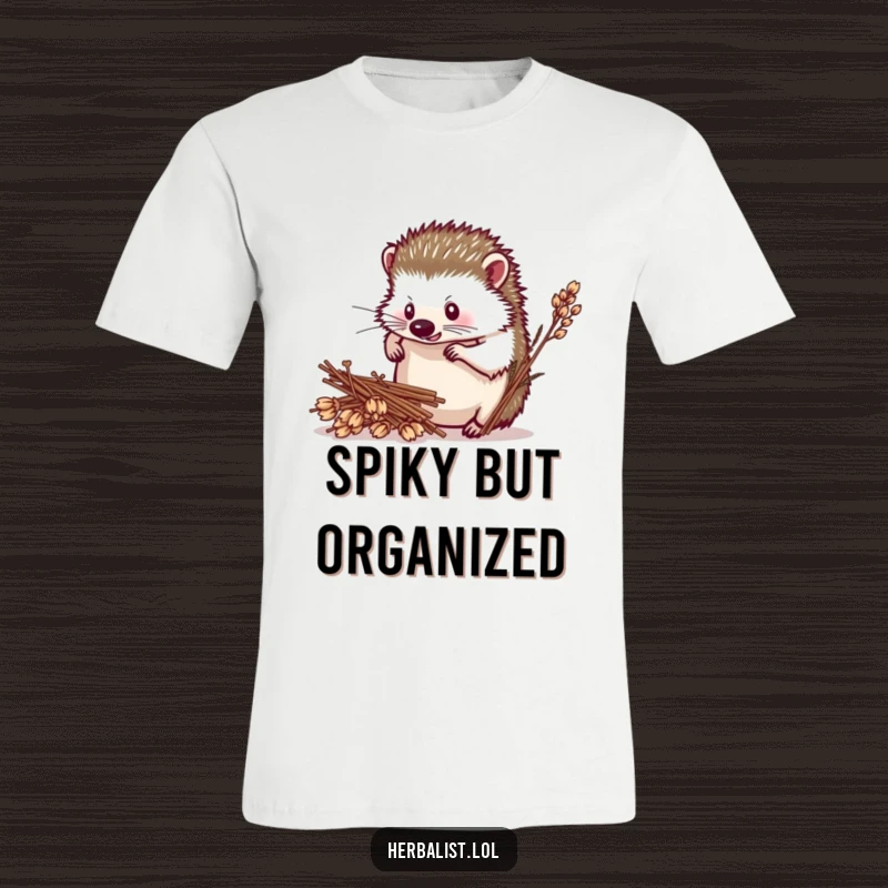 Funny hedgehog herbalist t-shirt, determined, arranging dried plants, comfortable and humorous apparel, excellent funny gift.