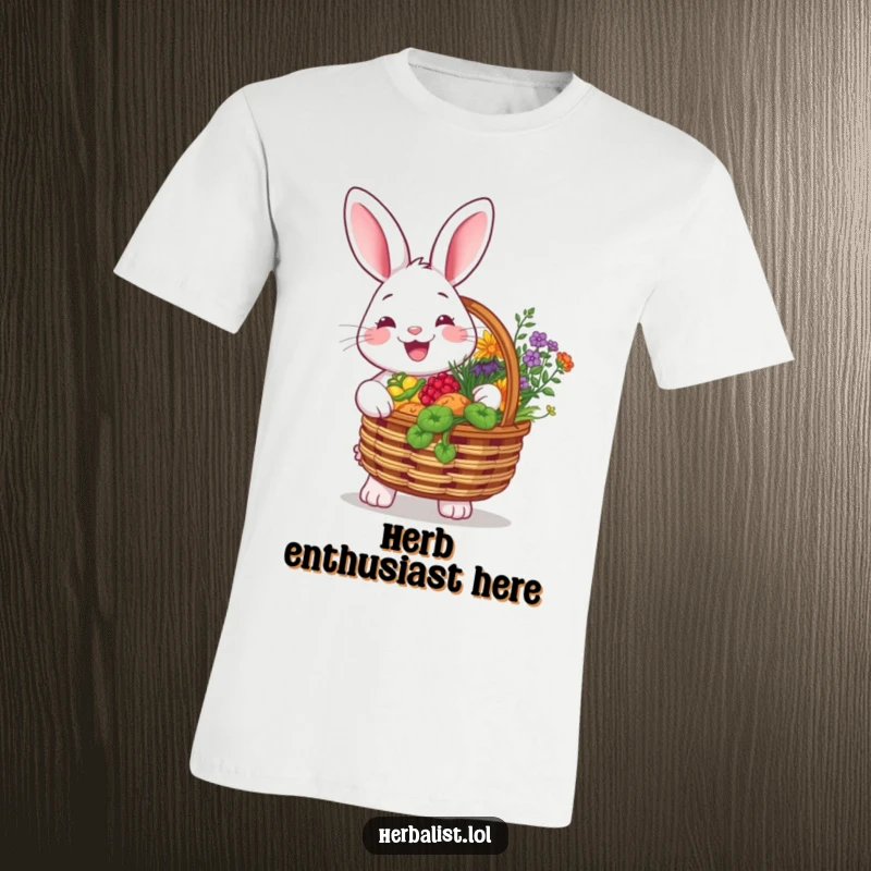 Funny t-shirt featuring a cheerful rabbit with a basket overflowing with colorful herbs, smiling brightly, symbolizing garden delight and natural abundance.