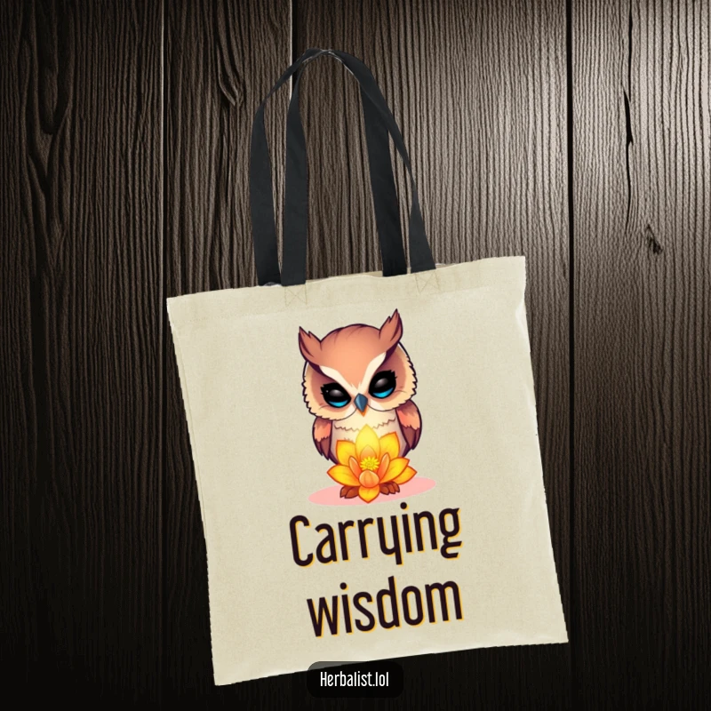 Funny curious owl tote bag, examining a vibrant glowing flower, practical and humorous accessory, superb funny gift.