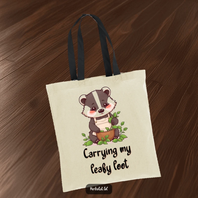 Funny badger chef tote bag, tiny apron, crushing leaves, stylish and humorous accessory, perfect funny gift.