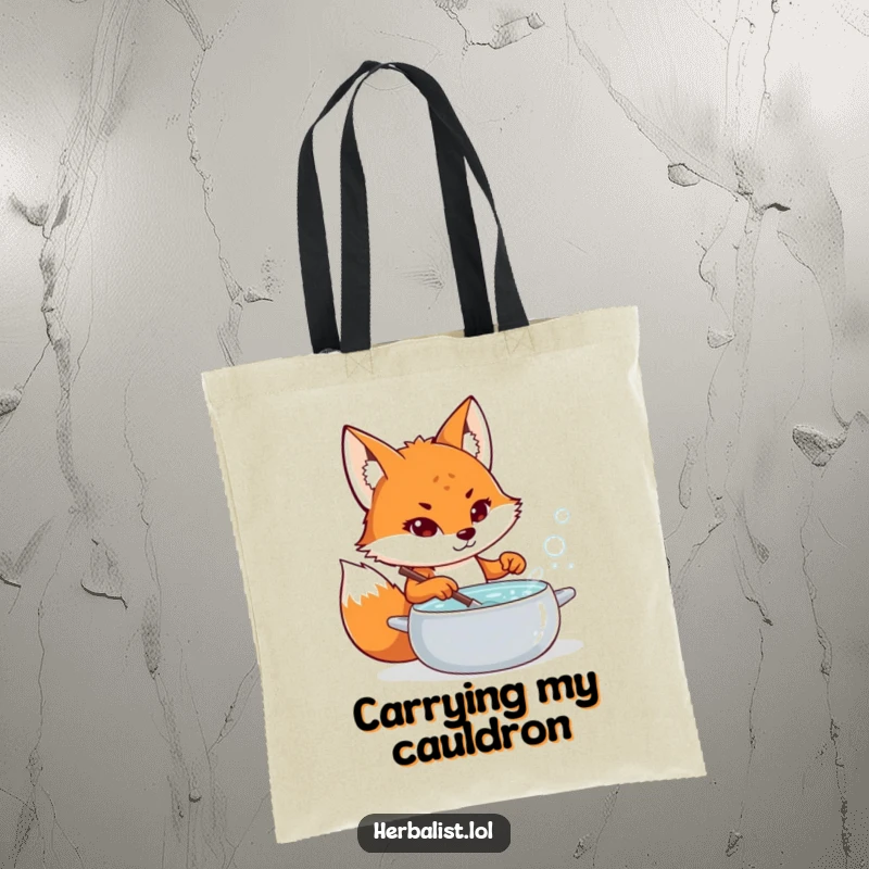 Funny fox potion maker tote bag, determined expression, stirring bubbling liquid, practical and humorous accessory, superb funny gift.
