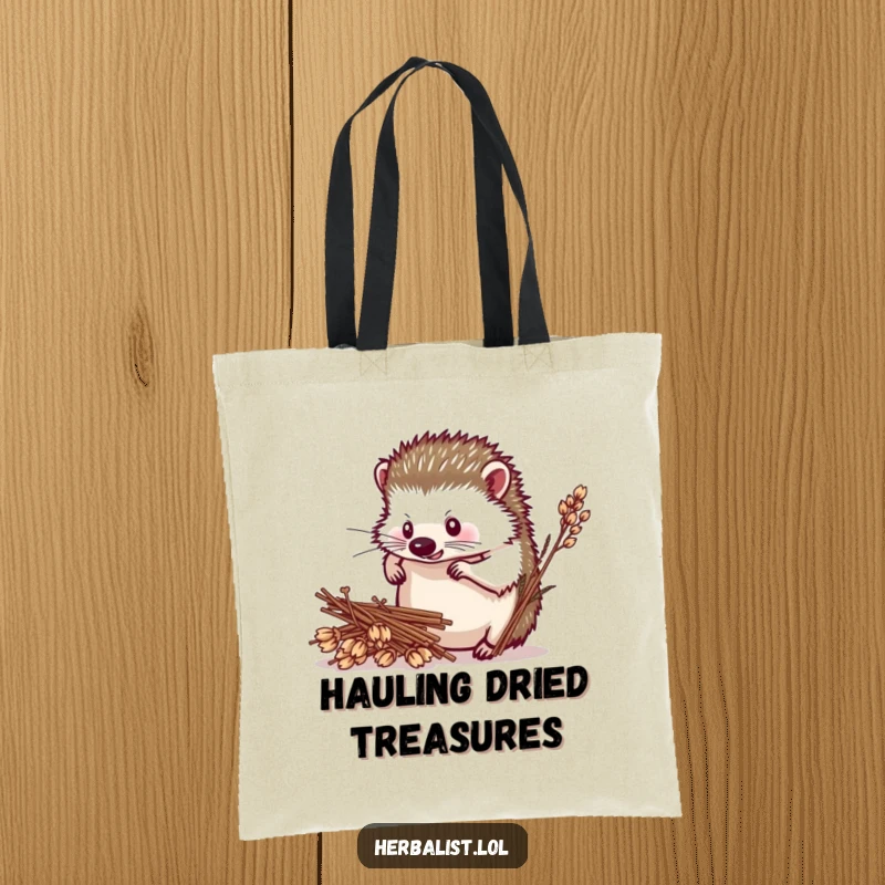Funny hedgehog herbalist tote bag, determined expression, arranging dried plants, practical and humorous accessory, superb funny gift.
